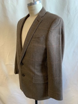J CREW, Brown, Espresso Brown, Rust Orange, Wool, Nylon, Glen Plaid, Grid , Single Breasted, Notched Lapel, 2 Buttons, 3 Pockets, Has Been Taken in to Be Smaller