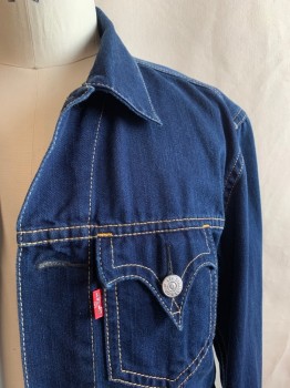 Mens, Jean Jacket, LEVI'S, Dk Blue, Cotton, Solid, S, Collar Attached, Button Front, 5 Buttons, 2 Chest Pockets, Tabs at Waist with 4 Buttons