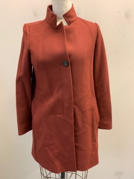 JIGSAW, Burnt Orange, Wool, Polyamide, Mandarin Collar, Single Breasted, Button Front, 3 Buttons (2 Hidden),  2 Side Pockets