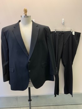 Mens, Suit, Jacket, JACK VICTOR, Black, Wool, Solid, 56R, 2 Buttons, Single Breasted  Notched Lapel, 3 Pockets