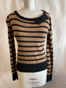 Womens, Pullover, MAX & CO., Lt Brown, Black, Wool, Cashmere, Stripes, S, Solid Black Ribbed Knit Ballet Neck with Solid Black Boys Attached, Long Sleeves, Solid Black Ribbed Knit Waistband/Cuff