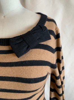 Womens, Pullover, MAX & CO., Lt Brown, Black, Wool, Cashmere, Stripes, S, Solid Black Ribbed Knit Ballet Neck with Solid Black Boys Attached, Long Sleeves, Solid Black Ribbed Knit Waistband/Cuff