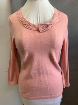 Womens, Pullover, JONES NEW YORK, Peach Orange, Cotton, Solid, PL, Long Sleeves, Jewel Neck with a Cable Knit Trim