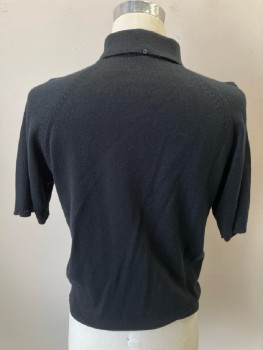 N/L, Black, Polyester, Solid, Polo, 4 Btns, Raglan S/S, Big Collar, Cables Down Front