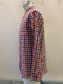Mens, Casual Shirt, Nike, Red, Navy Blue, White, Cotton, Plaid, XL, L/S, Button Front, Collar Attached, Chest Pocket