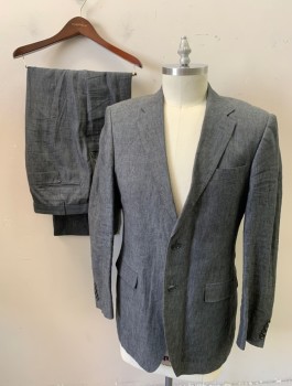 MARKS & SPENCER, Dk Gray, Linen, Solid, Single Breasted, Notched Lapel, 2 Buttons, 3 Pockets, Hand Picked Stitching at Lapel, Dark Gray Lining