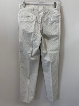 EMIGRE, Beige, White, Cotton, Seersucker, Stripes - Vertical , F.F, Side Pockets, Zip Front, Belt Loops,