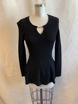 Womens, Pullover, THALIA & SODI, Black, Synthetic, Solid, S, Scoop Neck, Keyhole Front, L/S, Peplum Waist