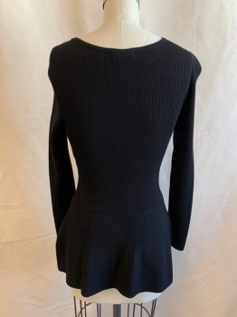 Womens, Pullover, THALIA & SODI, Black, Synthetic, Solid, S, Scoop Neck, Keyhole Front, L/S, Peplum Waist