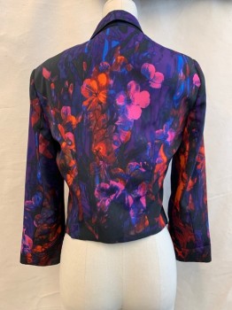 Womens, Blazer, BEBE, Dk Purple, Blue, Red Burgundy, Pink, Polyester, Floral, XS, Shawl Lapel, Open Front