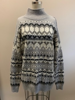 Womens, Pullover, ABERCROMBIE & FITCH, Lt Gray, Dk Gray, White, Cotton, Acrylic, Abstract , S, Mock Neck, *Small Stain On Left Shoulder*