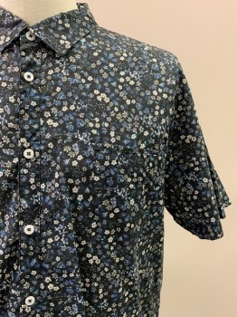Mens, Casual Shirt, GOODMAN, Black, Blue, Teal Blue, White, Cotton, Floral, XXL, S/S, Button Front, Collar Attached, Chest Pocket