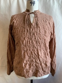 MTO, Terracotta Brown, White, Cotton, Grid , Mini Grid with Larger Grid Pattern, Crepe, V-neck, Stand Collar, Tie at Neck, Wide Long Sleeves
