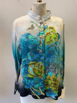Womens, Blouse, CITRON, Cream, Lt Blue, Turquoise Blue, Navy Blue, Orange, Silk, Rayon, Floral, Insects Print, M, Floral with Butterflies, Puckered Texture, Long Sleeves, Button Front, Mandarin/Nehru Collar, Single Pleat Down Center Back, Button Tab Back