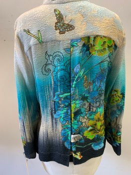 CITRON, Cream, Lt Blue, Turquoise Blue, Navy Blue, Orange, Silk, Rayon, Floral, Insects Print, Floral with Butterflies, Puckered Texture, Long Sleeves, Button Front, Mandarin/Nehru Collar, Single Pleat Down Center Back, Button Tab Back