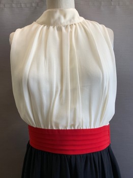 Fervour, Cream, Red, Black, Polyester, Color Blocking, Sleeveless, High Neck, Pleated, Layered Waist Band, Side Zipper