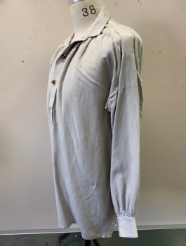 N/L, Lt Gray, Linen, Solid, L/S, Pullover, 3 Wood Round Buttons at Neck, Short Collar, Reproduction, Pirate Shirt