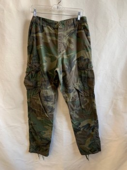 Mens, Pants, Military Uniform, NL, Olive Green, Green, Brown, Cotton, Camouflage, 32/33, Slant Pockets, Button Front, 2 Cargo Pockets, 2 Back Pockets, Drawstring Cuffs, *Faded