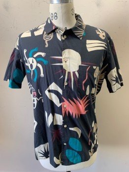 PAUL SMITH, Charcoal Gray, Cream, Pink, Turquoise Blue, Red Burgundy, Cotton, Novelty Pattern, Tribal Masks And Shapes, S/S, Button Front, Collar Attached, 1 Pocket