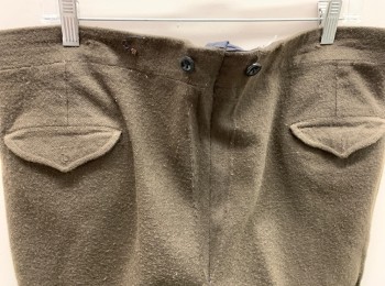 NL, Brown, Wool, Solid, F.F, Button Front (Missing 1 Button), 2 Pockets, Suspender Buttons, 2 Back Flap Pockets (Missing Buttons), Back Seam Released, Aged