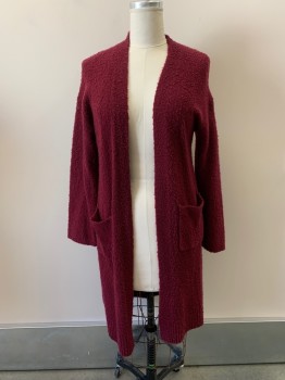 Womens, Cardigan Sweater, LEITH, Maroon Red, Synthetic, Solid, M, Shawl Lapel, 2 Pckts, Open Front, Long