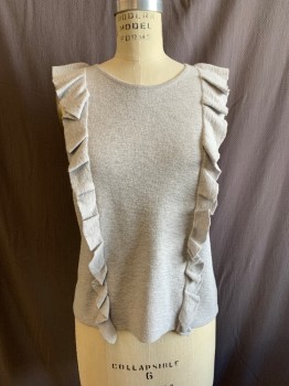 Womens, Top, MADEWELL, Lt Gray, Cotton, Nylon, Solid, S, Round Neck, Slvls, Ruffles Down Front And Back,