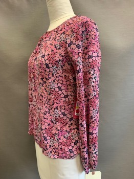 VINCE CAMUTO, Pink, Rose Pink, Plum Purple, Coral Orange, Polyester, Floral, L/S, Round Neck, Front Button,