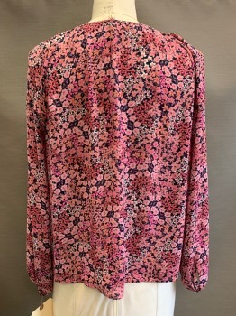 VINCE CAMUTO, Pink, Rose Pink, Plum Purple, Coral Orange, Polyester, Floral, L/S, Round Neck, Front Button,