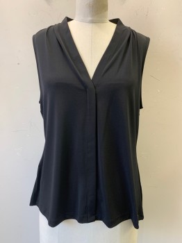 Womens, Top, Calvin Klein, Black, Polyester, Spandex, Solid, L, Sleeveless, V Neck, Pleated, Shoulders
