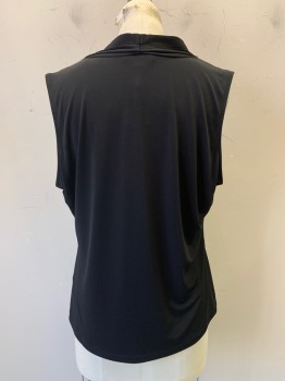 Womens, Top, Calvin Klein, Black, Polyester, Spandex, Solid, L, Sleeveless, V Neck, Pleated, Shoulders