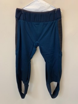 MTO, Dk Blue, Multi-color, Synthetic, Color Blocking, Navy Blue Waistband, Charcoal Gray Panels Down Hips, Stirrup Style, Cropped