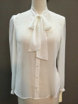 AMERICAN APPAREL, Off White, Silk, Solid, BLOUSE:  Sheer Off White, Mandarin/Nehru Collar W/self Tie-neck, Button Front, Long Sleeves,