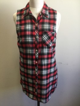 FOREVER 21, Red, Black, White, Cotton, Plaid, Tunic Top, Plaid Flannel, Sleeveless, Button Front, Collar Attached, 1 Patch Pocket at Chest, High Low Hem
