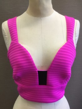 EXPRESS, Hot Pink, Black, Polyester, Spandex, Solid, Textured Stripe, Crop, Sweetheart Neck, Black Side Panels, Small Black Panel Center Front, Zip Back