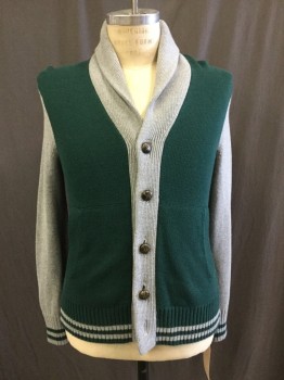 Mens, Cardigan Sweater, BANANA REPUBLIC, Dk Green, Gray, Cotton, Nylon, Color Blocking, S, Shawl Collar, Button Front, 2 Pocket, Striped Rib Knit Trim at Cuff and Waistband, Letterman Look