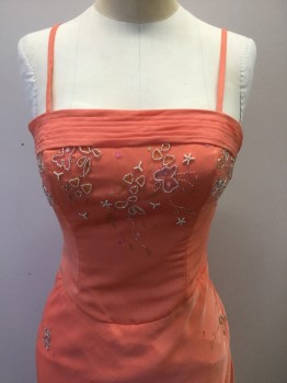 Womens, Evening Gown, N/L, Peach Orange, Silver, Lt Pink, Polyester, Floral, W:26, B:34, Frosty Peach-Orange Organza Over Peach Opaque Satin, Spaghetti Straps, Clear Beading and Multicolor Flowers with Pink Sequins Scattered Throughout, 2" Wide Pleated Band at Bust, Self Lace Up Closure in Back, Invisible Zipper at Side, Floor Length Hem  ***2 Piece: Comes with Matching Organza Shawl