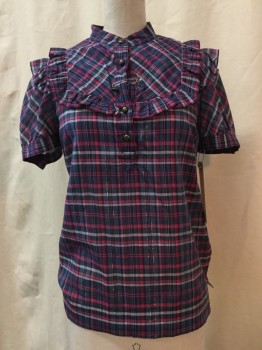 Womens, Top, MARC JACOBS, Navy Blue, Blue, White, Hot Pink, Gold, Cotton, Plaid, 2, Navy/ Blue/ White/ Hot Pink/ Gold Plaid, Ruffle Bib Front, 5 Buttons, Short Sleeves,