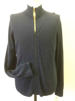 Mens, Cardigan Sweater, THEORY, Navy Blue, Cashmere, Solid, L, Zip Front, Moc Neck, Long Sleeves, Rib Knit Collar/ Cuffs/ Waistband,