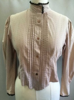 N/L, Beige, Brown, Black, Cotton, Lace, Stripes - Pin, Diamonds, Beige with Brown Double Pinstripe and Tiny Diamond Stripe Calico, Long Sleeve Button Front, Stand Collar with Black Lace Trim, Black Lace Trim At Cuffs, Pleated At Center Front Button Placket, Pleated Vent Detail At Center Back Hem, Made To Order, **Faded At Shoulders,