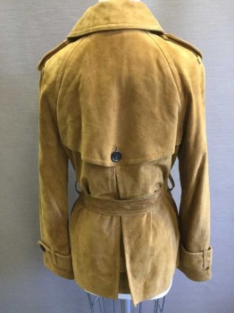 Womens, Leather Jacket, COACH, Tan Brown, Suede, Solid, XS, Butter Soft Suede, Double Breasted, Trench Coat Style, Matching Belt, Epaulets,