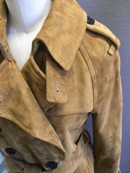 Womens, Leather Jacket, COACH, Tan Brown, Suede, Solid, XS, Butter Soft Suede, Double Breasted, Trench Coat Style, Matching Belt, Epaulets,