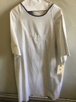 Unisex, Patient Gown, White, Navy Blue, Polyester, Cotton, Geometric, L, Short Sleeve,  1 Pocket, Lacing/Ties