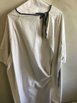 Unisex, Patient Gown, White, Navy Blue, Polyester, Cotton, Geometric, L, Short Sleeve,  1 Pocket, Lacing/Ties