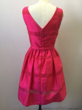 Womens, Dress, Sleeveless, TAYLOR, Fuchsia Pink, Polyester, Nylon, Stripes - Horizontal , 2, Taffeta with Burnout 1.5" Horizontal Stripes, Sleeveless, Wide Scoop Neck, Self 1" Wide Belt Attached at Waist with Bow at Center Front, 4 Self Fabric Covered Buttons at Center Back, A-Line Skirt, Knee Length