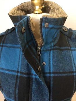 Womens, Vest, ANCHOR BLUE, Black, Turquoise Blue, Lt Olive Grn, Wool, Polyester, Plaid, P, Black/dark Turquoise Plaid with Light Olive Fake Fur Lining, Black Diamond Quilt Lining, Zip Front, & Snap Front, Epaulettes, 2 Pockets, 4" Solid Black Knit Ribbed Hem