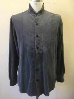 N/L, Slate Gray, Dk Gray, Cotton, Stripes - Vertical , Dark Slate Gray with Dark Gray Vertical Stripes, Long Sleeve Button Front, Soft Stand Collar with Fold Over Wing Tips, Bib Panel at Front, Made To Order Reproduction
