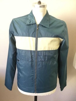 Mens, Casual Jacket, QUIKSILVER, Slate Blue, Cream, Nylon, Color Blocking, S, Zip Front, Collar Attached, Long Sleeves, 2 Pockets, Cream Band Across Chest