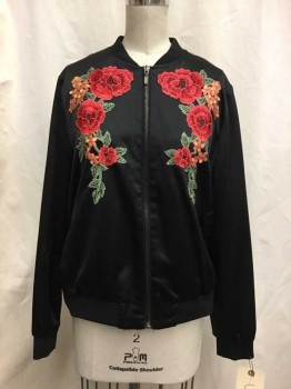 Womens, Casual Jacket, CUPIO, Black, Red, Pink, Green, Gold, Polyester, Spandex, Solid, Floral, S, Black, Red/pink/green Floral Appliqué, Zip Front