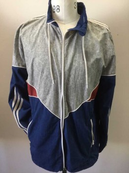Mens, Casual Jacket, ADIDAS, Lt Gray, Dk Blue, Red, Off White, Nylon, Color Blocking, Mottled, Medium, Zip Front, Mottled Gray, Drawstring Collar with Hidden Hood, Off White Piping, 3 Off White Stripes on Sleeves,