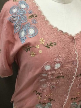 KIKE, Lt Pink, Cotton, Floral, Button Front, Short Sleeve, Floral Embroidery, White Scallopped Embroidered Scoop Neck/placket/Cuff,